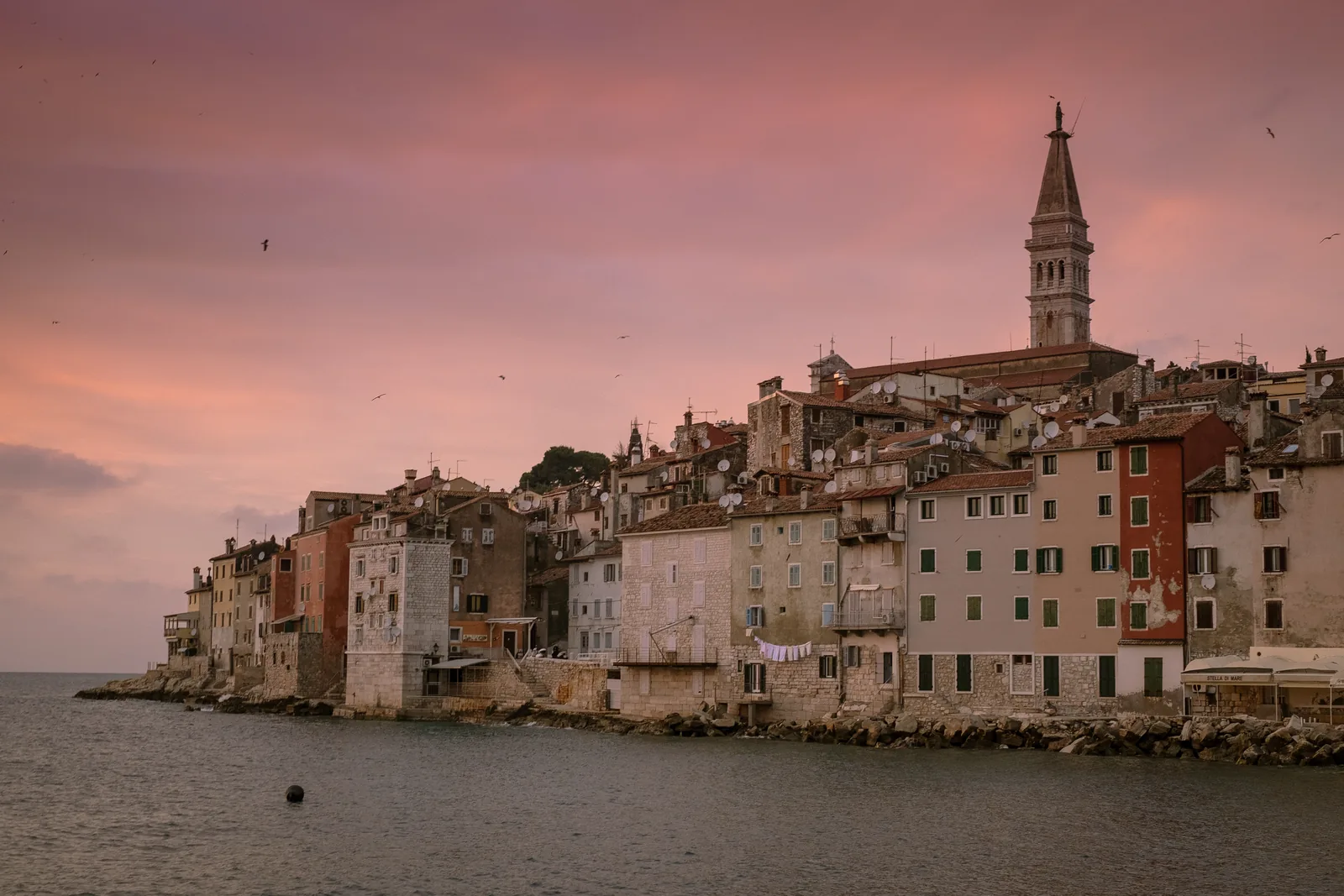 Sea-facing old-town apartments in Rovinj at sunset, laundry strung between stone houses below the bell tower