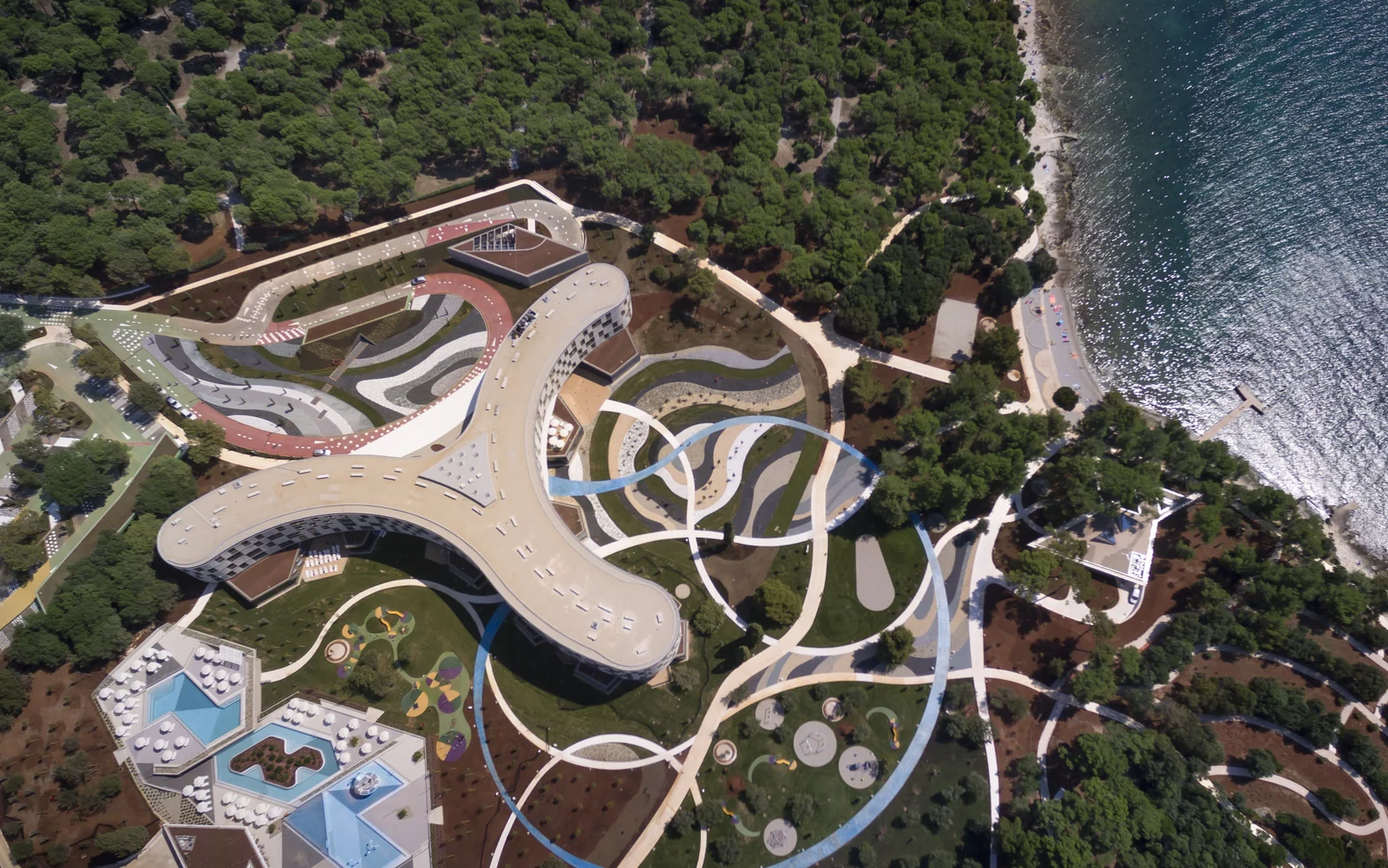 Aerial overview of Family Hotel Amarin resort north of Rovinj