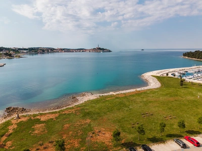 Panoramic view across Valdibora Bay to Rovinj old town