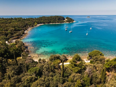 Aerial view of the bay with sailboats offshore